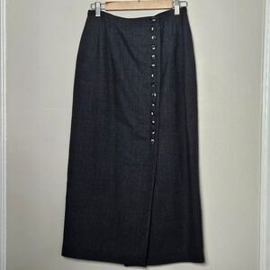 Harve Bernard Vintage Wool Maxi A-line Skirt Slit Pinstripe Button Size 8